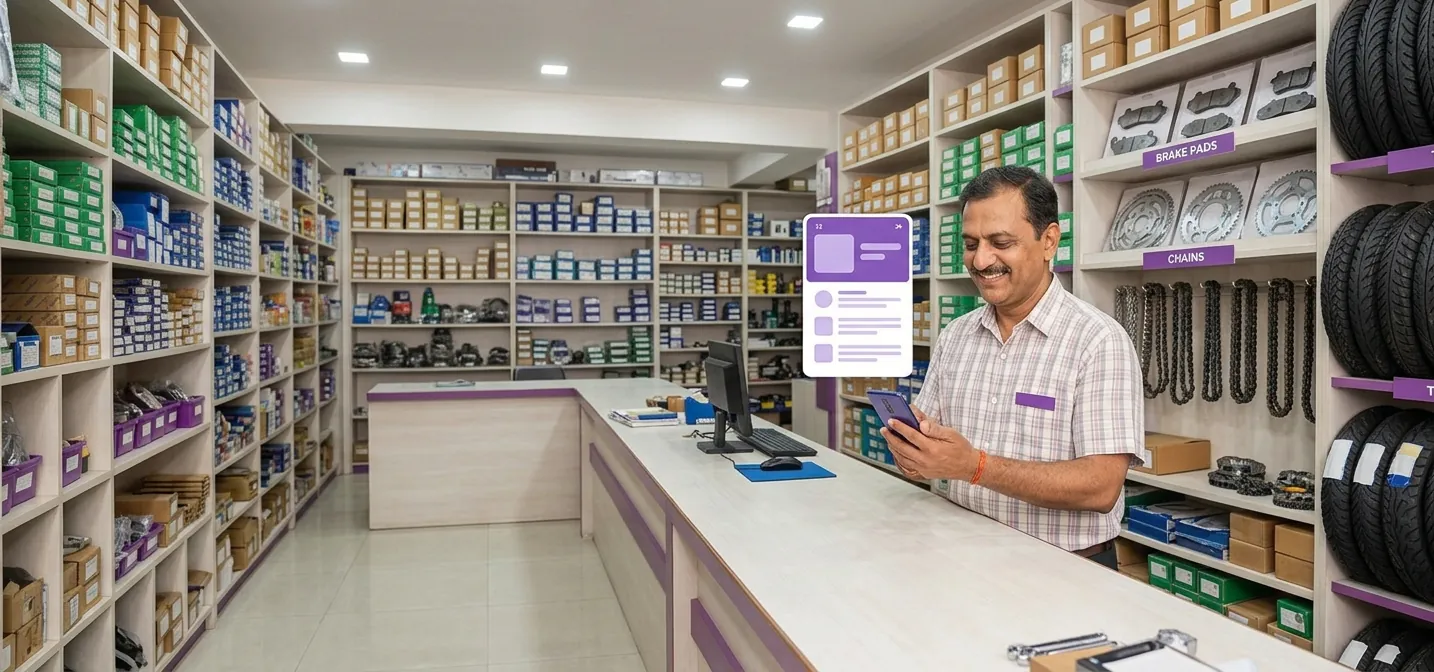 Spare parts shop owner smiling at a new Mechago request on his phone