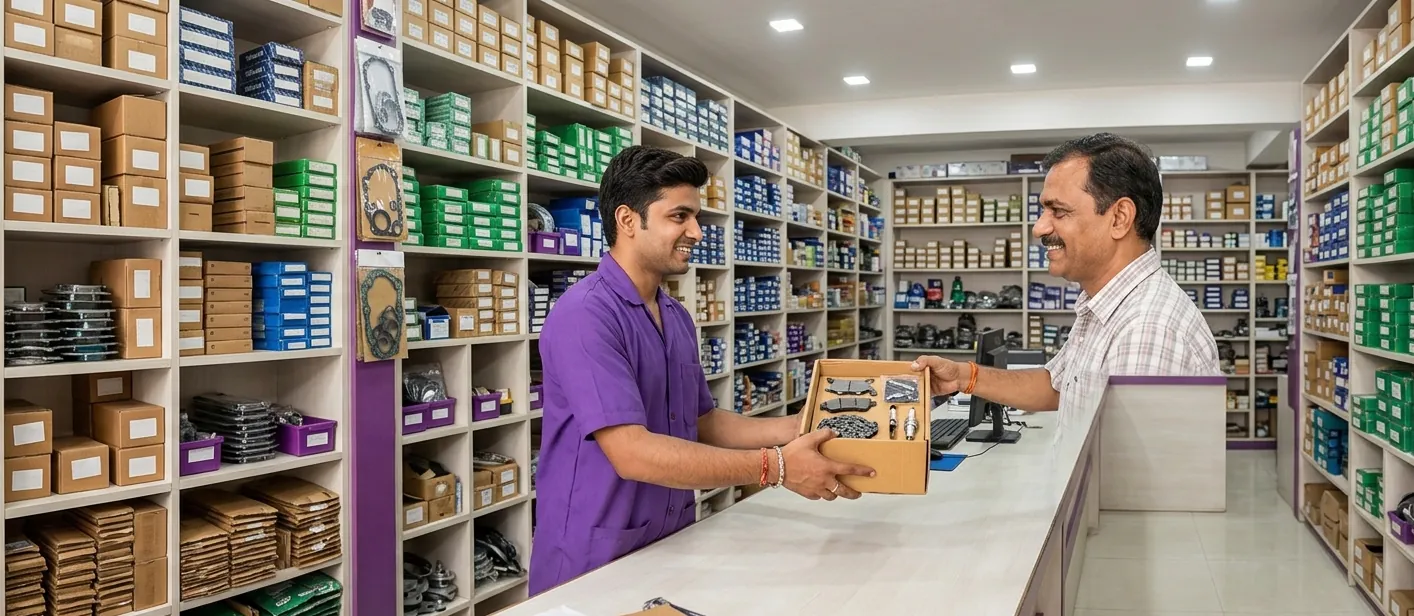 Spare parts store owner handing a box of motorcycle parts to a Mechago mechanic