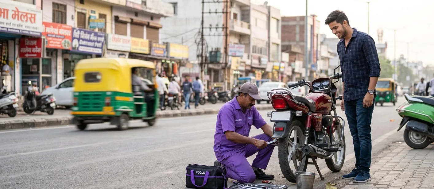 Mechago mechanic repairing a motorcycle on the roadside while the owner watches