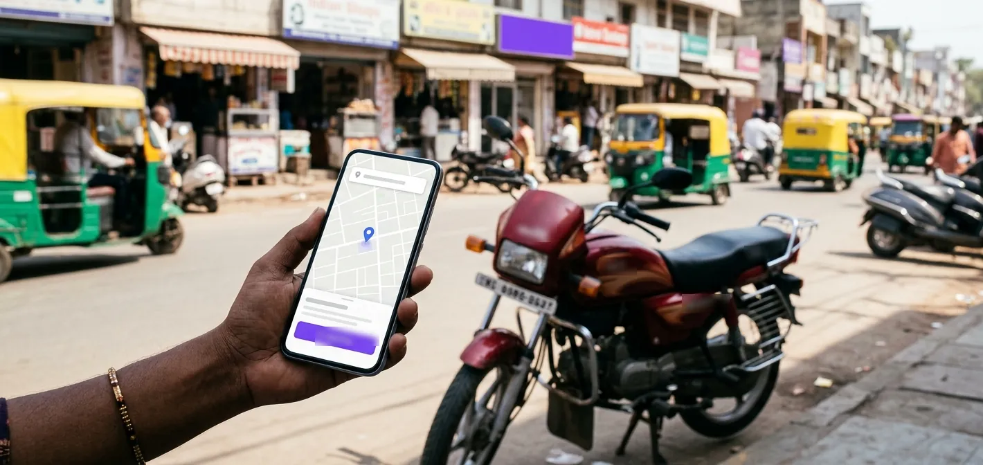 Rider holding a phone showing a map pin next to his parked motorcycle